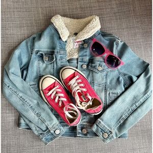 Spring/Summer: denim jacket, Converse sneakers, and dark sunglasses for girls